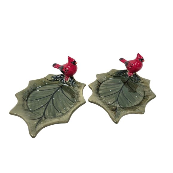 Yankee Candle Cardinal Leaf Dishes Lot 2 Holiday Red Bird Green Tray Ceramic - Picture 1 of 10